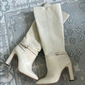RAYE Cream Heeled Boots with Elegant Silhouette